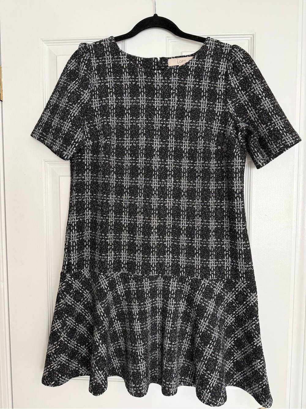 LOFT Black and White Plaid Short Sleeve Flared Hem Dress Medium